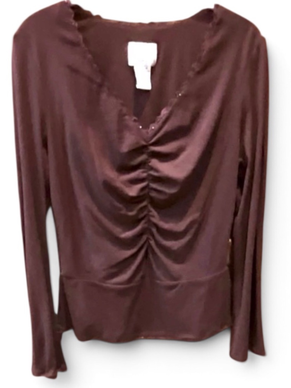 Vision Apparel Brown Stylish Lace Trimmed Long Sleeved Top. Sz M